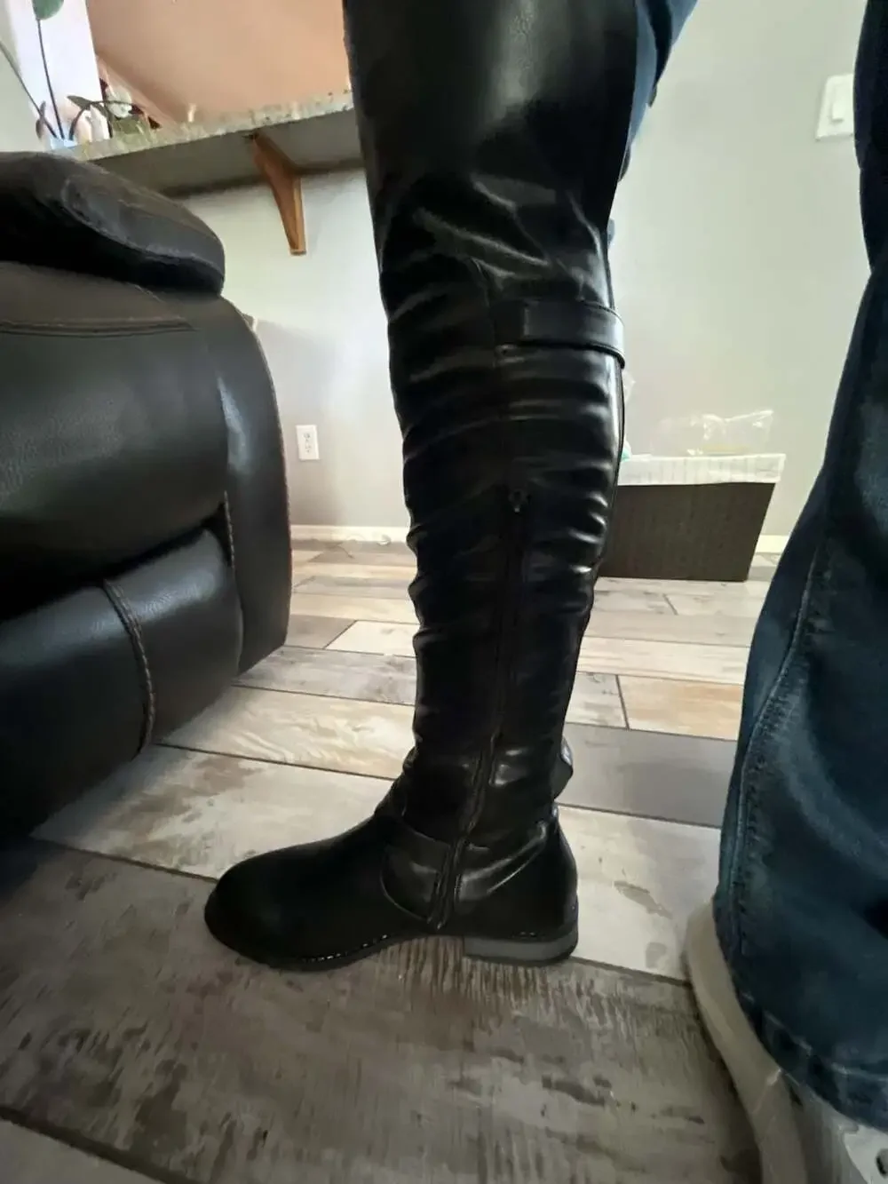 Black Over-the-Knee Riding Boots with Buckle Straps and Side Zippers